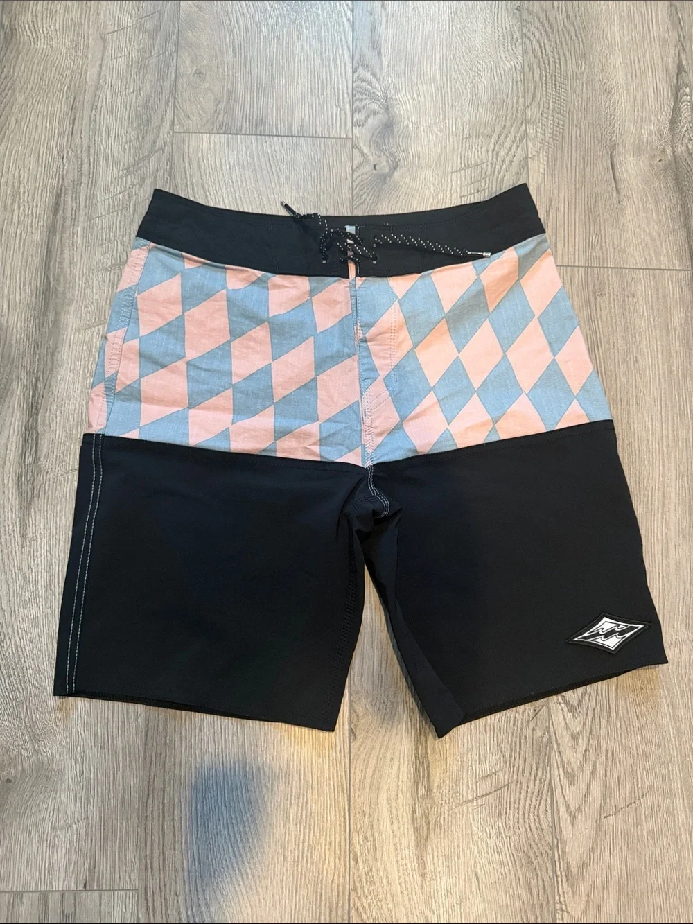 Billabong Black Swim Trunks with Pink & Light Blue Diamond Waist